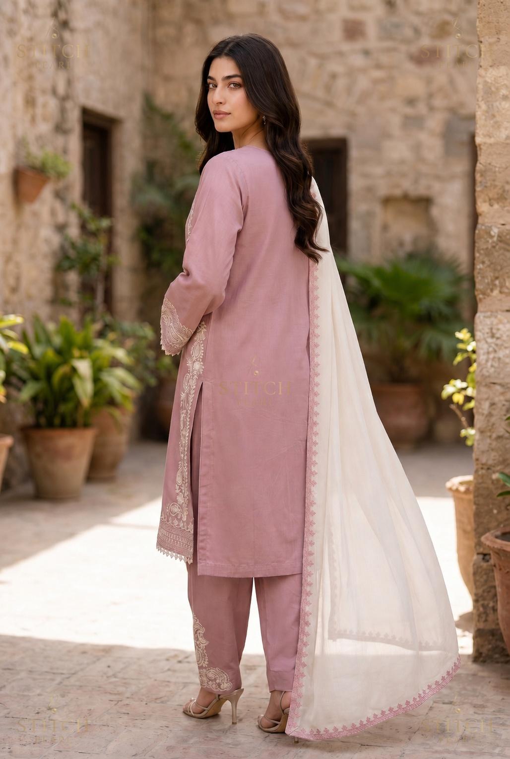 Stitch Pearl Naqsh Tea Pink Suit Back View