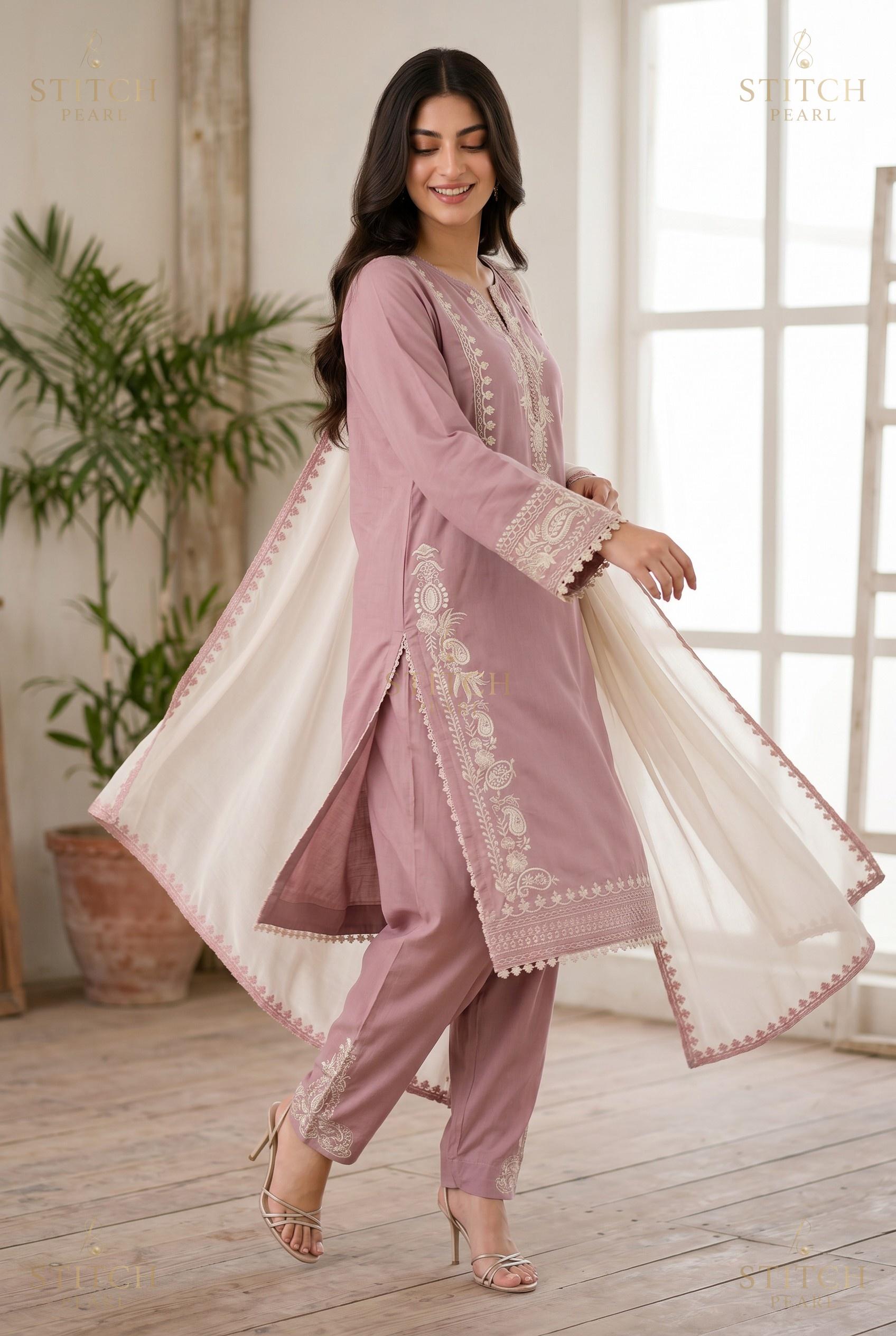 Stitch Pearl Naqsh Tea Pink Suit Front View