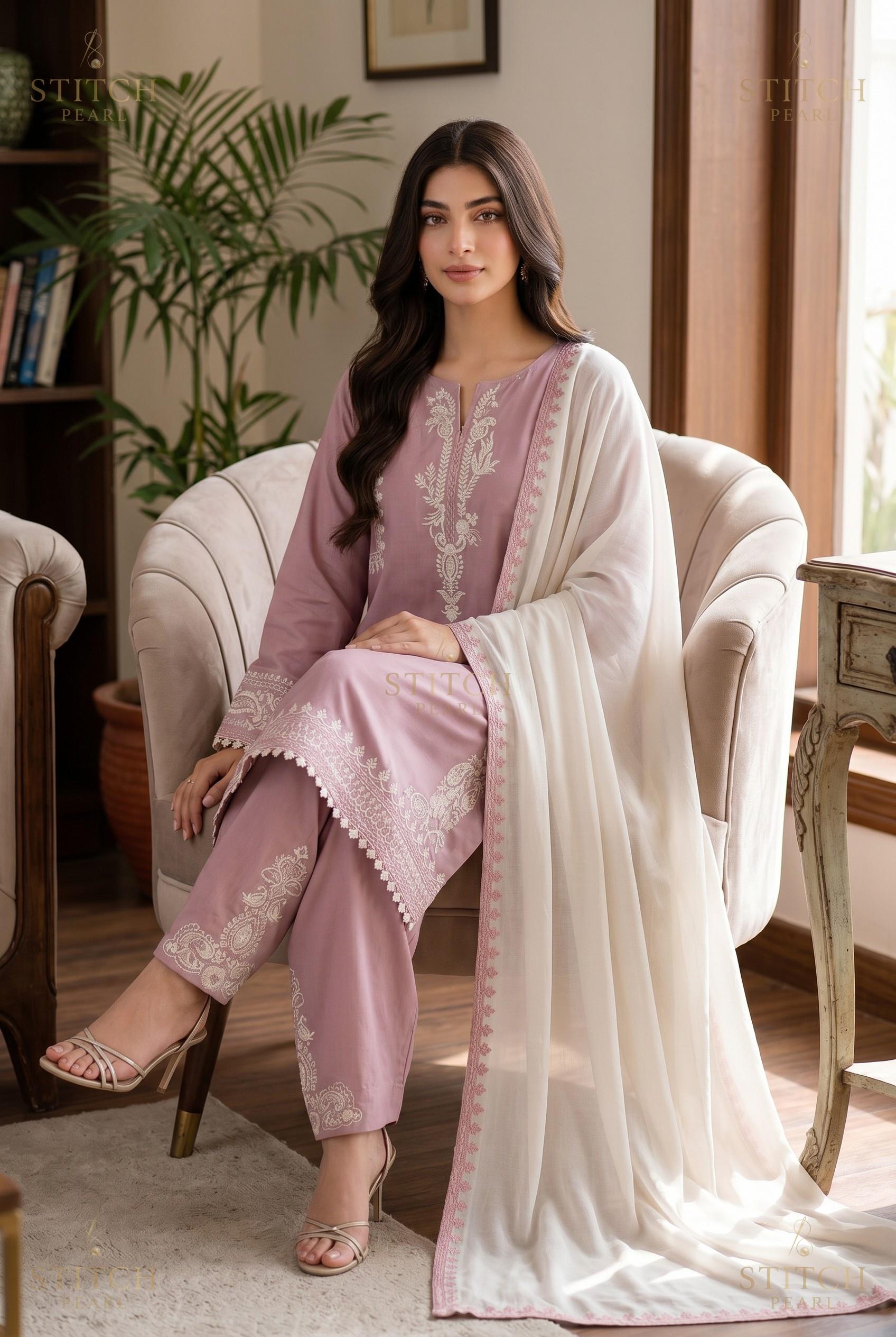 Stitch Pearl Naqsh Tea Pink Suit Side View